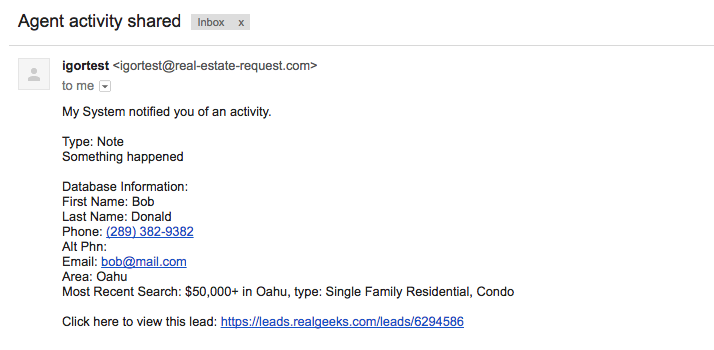 email notification of activity shared by another user
